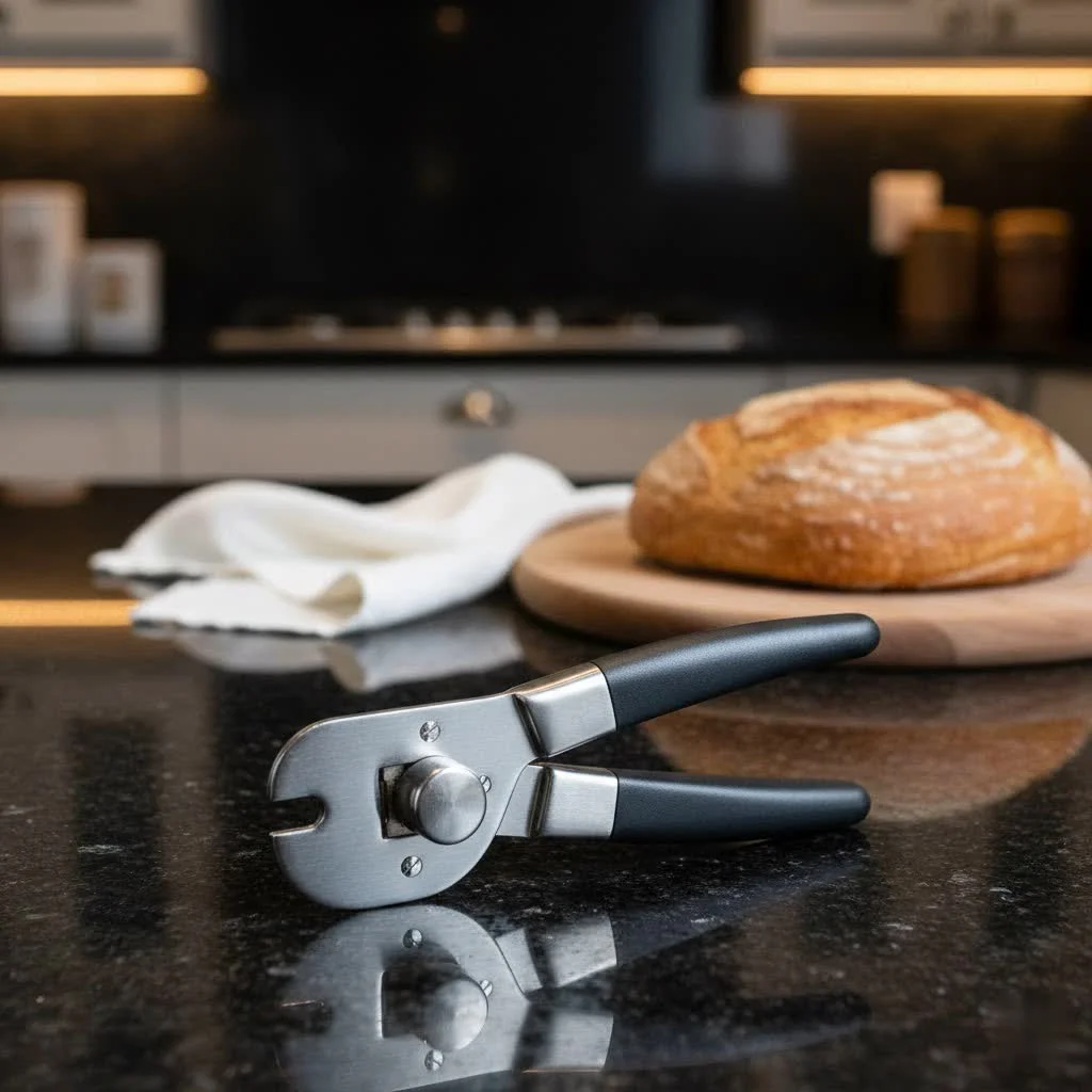 Pink electric can opener on a kitchen counter
