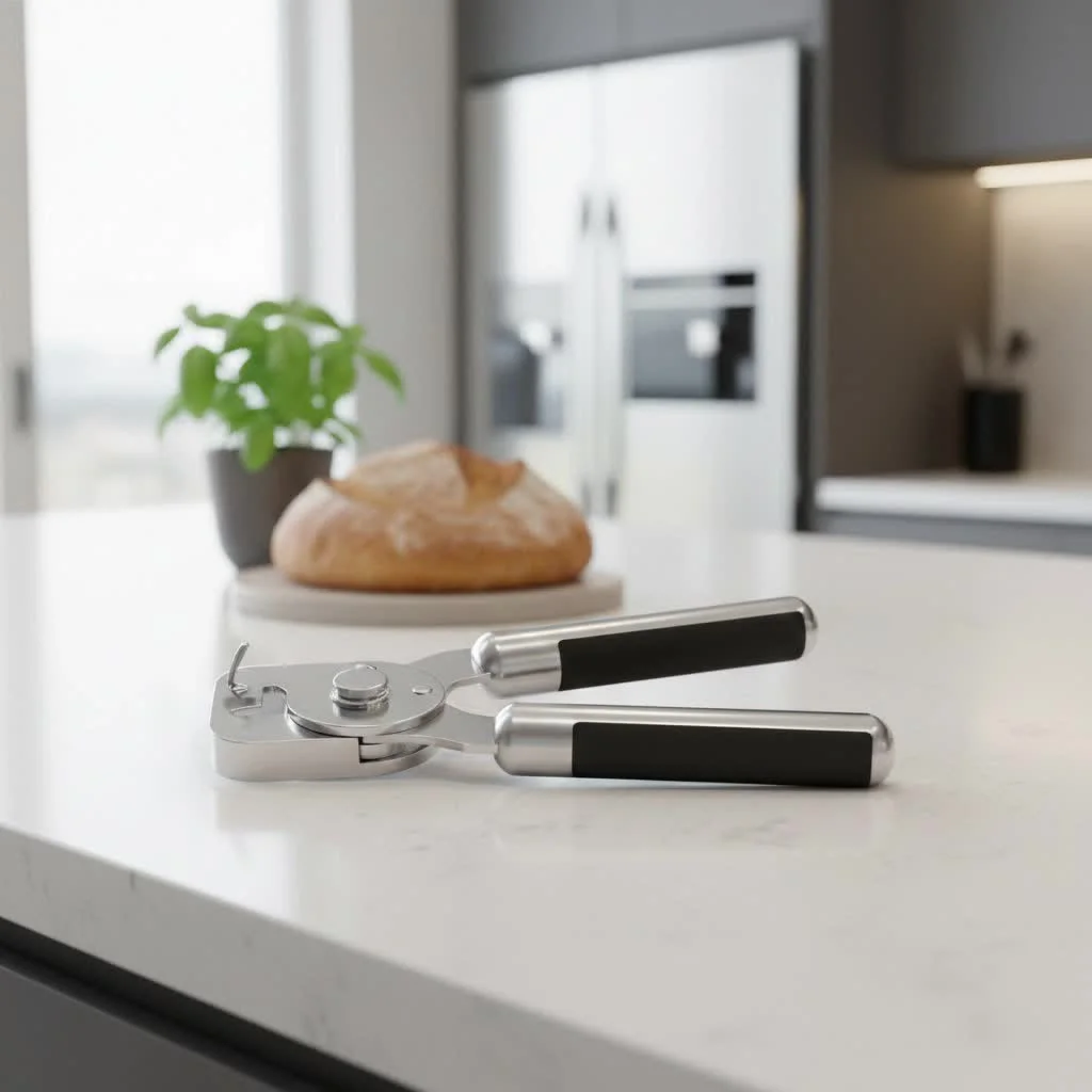 Various types of can openers displayed on a kitchen counter