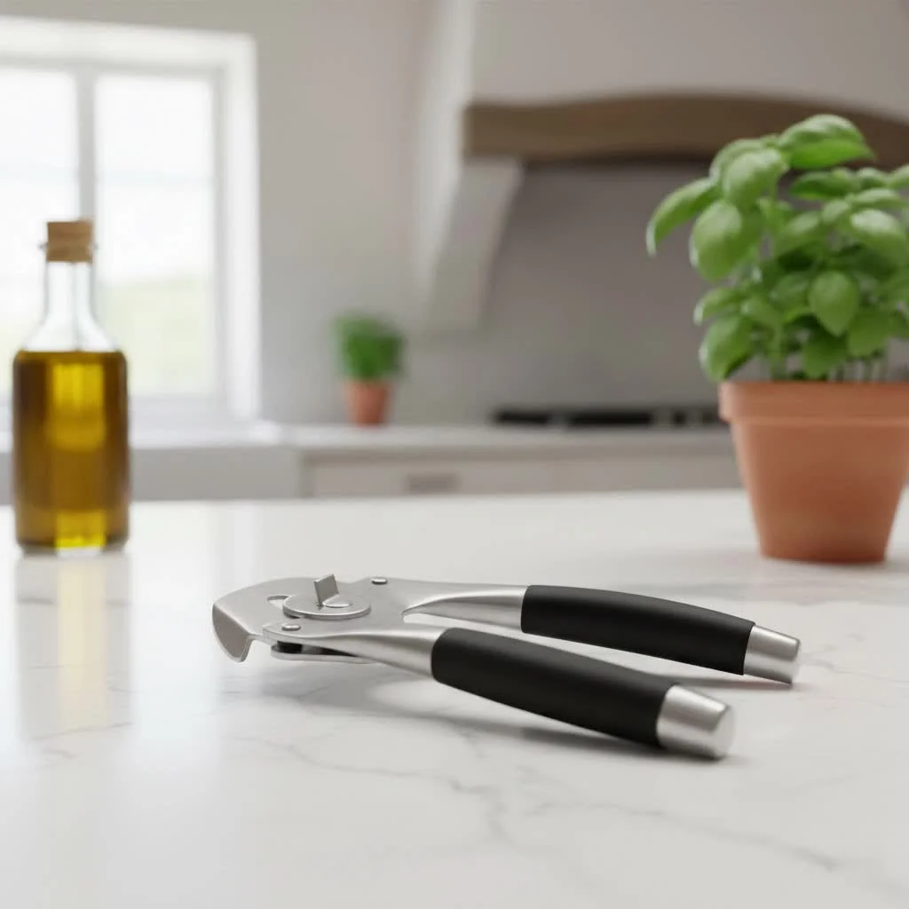 Stainless steel can opener on a kitchen counter